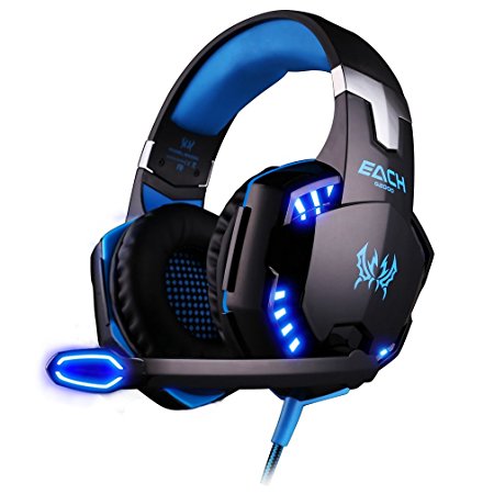 Gaming Headset ArkarTech® EACH G2000 Headphone 3.5mm Wired Over-head Stereo Gaming with Mic Microphone, Volume Control for PC Tablet Laptop Smartphone（Bleu and Black）