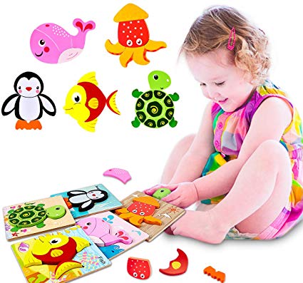 Toddler Wooden Jigsaw Puzzles, Educational Toys for Toddlers 1 2 3 Years Old Wooden Color Shapes Puzzles for Boys & Girls Christmas Gift with 5 Ocean Create Puzzles (5 Pack)