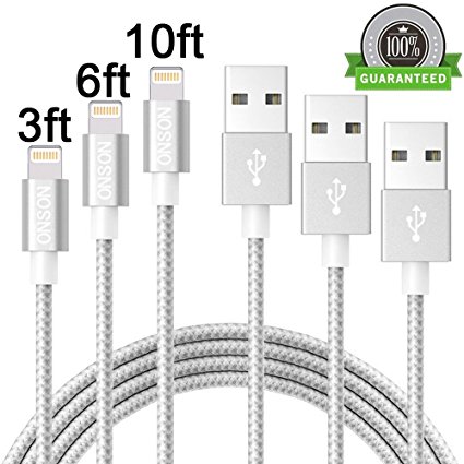 ONSON Lightning Cable,3Pack 3FT 6FT 10FT Nylon Braided Cord,Compatible with iPhone(Silver Gray)