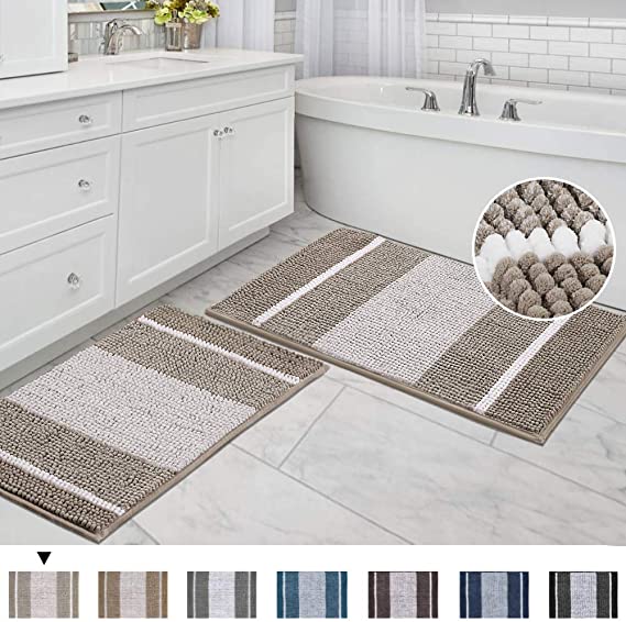 Non Slip Shaggy Striped Chenille Soft Microfibers Bathroom Rug with Water Absorbent, Ultra Soft Washable Bedroom Area Rugs Machine Washable, 2 Pack, 20" x 32"/17" x 24", Gradient Taupe