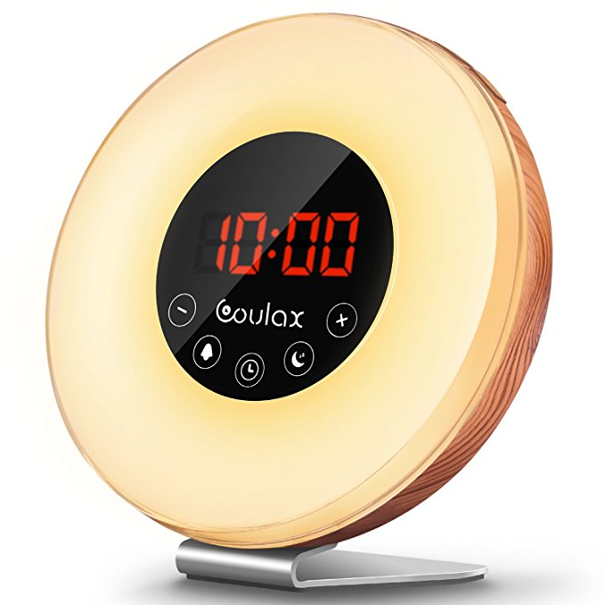 Sunrise Alarm Clock COULAX Wood Wake Up Light Sunlight Sunset Simulation with 6 Nature Sounds Snooze Function, FM Radio, 10 Brightness Levels, 7 Colors Led Light For Bedside and Kids