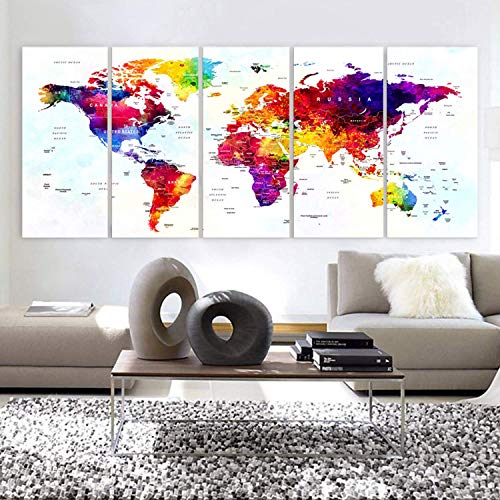 Original by BoxColors Xlarge 30"x 70" 5 Panels 30x14 Ea Art Canvas Print World Map Original Watercolor Push Pin Travel cities Wall Home Office decor (framed 1.5" depth)