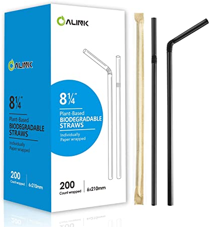 ALINK 200-Pack Plant-Based Compostable Bendy Straws, Biodegradable Flexible Disposable Drinking Straws, Individual Wrapped, Alternative to Plastic Straws - Black