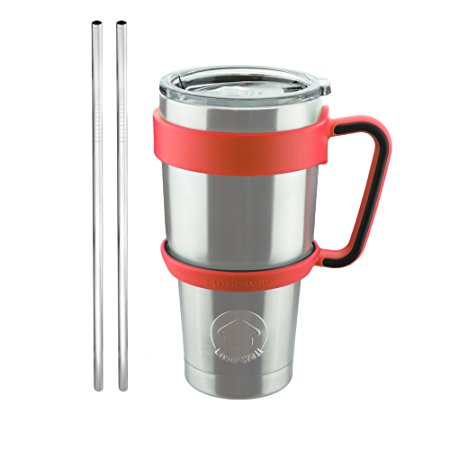 Livin' Well 30oz Tumbler Rambler Mug Set with Handle, Lid and Stainless Steel Straws – Double Walled & Vacuum Sealed To Keep Drinks Cold for 24 Hours – Red