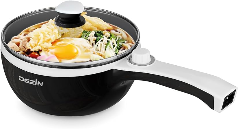 Dezin Electric Cooker Upgraded, Non-Stick Sauté Pan, 1.5L Mini Electric Fondue Pot for Cheese, Stir Fry, Roast, Steam with Power Adjustment, Perfect for Ramen, Steak (Egg Rack Included)