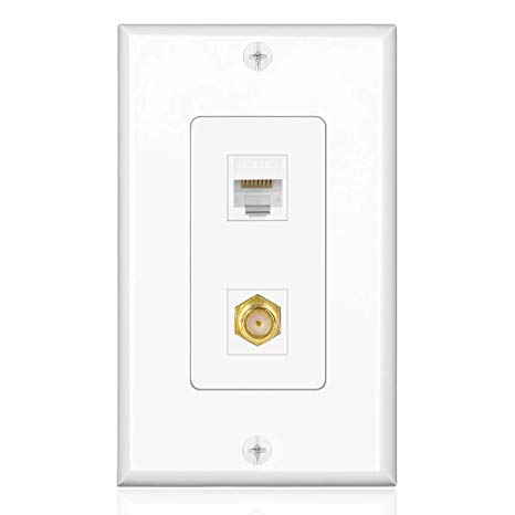 TNP Ethernet Coax Wall Plate with 1 RJ45 Port and 1 Gold Plated TV F-Type Coaxial Cable Connector Socket for Cat6 Cat5e Cat5 Jack, White