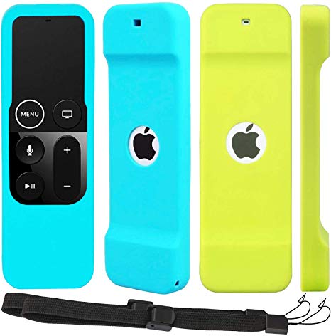 Remote Case Compatible with Apple TV 4th Generation, Pinowu Light Weight [Anti Slip] Shockproof Silicone Remote Cover Case with Lanyard [2 Pack, Blue and Green ]