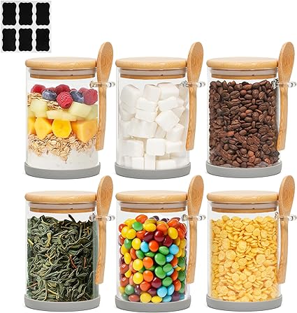 ComSaf 19oz（560ml） Glass Jars with Bamboo Lids & Spoons Set of 6, Overnight Oats Containers with Lids, Sugar Coffee Containers Salt Spice Jars, Glass Jar with Spoon for Candy, Tea, Brown Sugar, Nuts