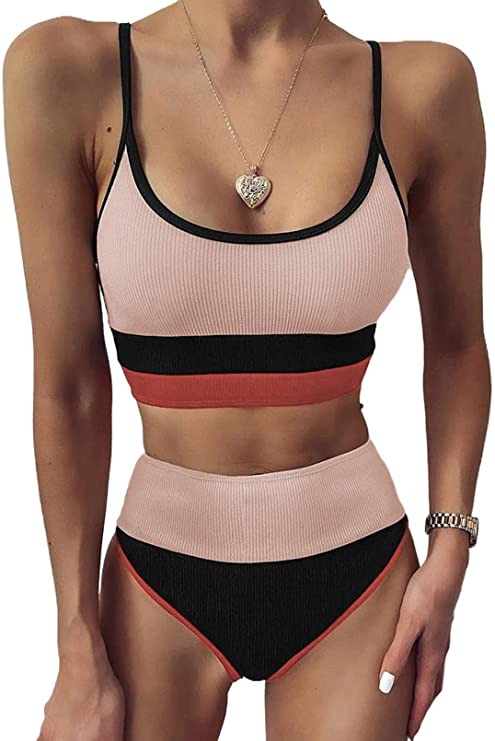 Dokotoo Womens Cute Color Block Ribbed High Waisted Two Piece Bikini Swimsuits