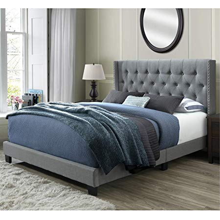 DG Casa Bardy Diamond Tufted Upholstered Wingback Panel Bed Frame, Queen Size in Gray Fabric
