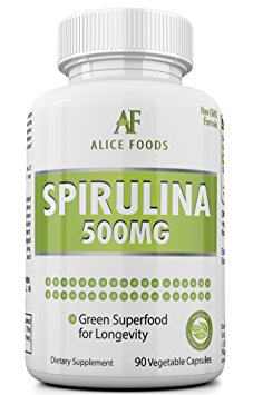 Alice Foods Spirulina Superfood - 500mg Maximum Strength Supplement - up-to 90 Days Supply - 90 Veggie Capsules - Improves Digestion and Bowel Function - Natural Detox