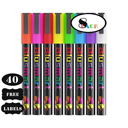 Chalk markers, Blusmart 8pcs Liquid Chalk Pens 3mm Reversible tips 40 Chalkboard Labels Perfect for Chalkboards, Windows, Glass,Whiteboard