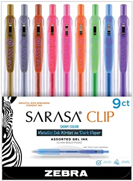 Zebra Pen Sarasa Clip Retractable Gel Ink Pens, Bold Point 1.0mm, Assorted Shimmering Metallic Color Water Based Ink, 9-Count