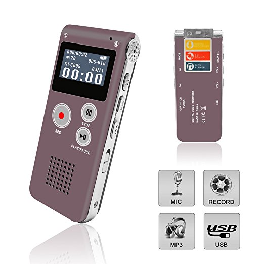 Digital Voice Recorder, Portable Recorder, Multifunctional Rechargeable Dictaphone, FlatLED Audio Voice Recorder Dictaphone, MP3 Music Player with Mini USB Port and Color LCD display, Red-8GB