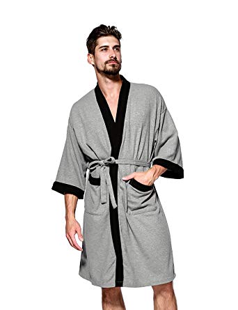 JEAREY Men's Kimono Robe Cotton Waffle Spa Bathrobe Lightweight Soft Knee Length Sleepwear with Pockets