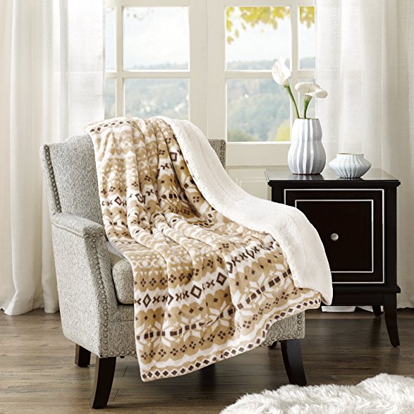 Comfort Spaces - Plush to Sherpa Blanket Throw - 50x60 inches - Fair Isle - Natural