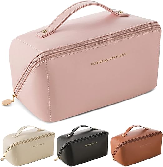 Large Capacity Travel Cosmetic Bag, Multifunctional Storage Makeup Bag PU Leather Makeup Bag, Waterproof Travel Cosmetic Bags with Handle and Divider for Women