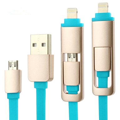 Multi Charging Cable ,J2CC 2 in 1 Retractable Micro USB Cable 5 Pin to Apple Lightning Cable 8 Pin Adapter for iPhone, iPad, iPod Touch/Nano, Android, Samsung (3 Feet Blue)