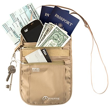 Inspiring Adventures Neck Wallet RFID Blocking Water Resistant Passport Holder