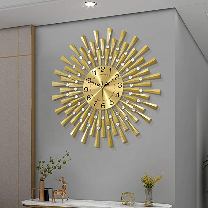 Fleble Large Wall Clocks for Living Room Decor 23.6 inch Gold Clock Battery Operated Silent with Dazzling Crystal 3D Home Decorative for Bedroom,Office,Kitchen