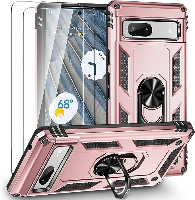 Muntinfe for Google Pixel 7a Case with 2 Pcs Tempered Glass Screen Protector, [Military-Grade] Rugged Heavy Duty Protective Phone Case with Magnetic Ring Kickstand for Google Pixel 7a, Rose Gold