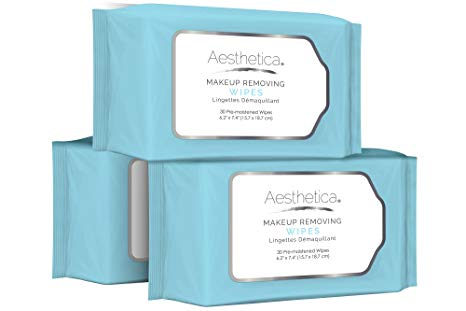 Aesthetica Makeup Removing Wipes - Facial Cleansing Towelettes - Hypoallergenic & Dermatologist Tested Make up Remover - Oil & Fragrance Free - Made in USA - 3 Pack (90 wipes total)