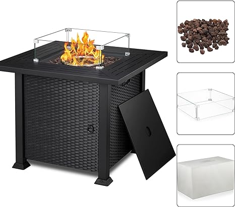 R.W.FLAME 32" Propane Fire Pit Table,Wicker Square Fire Pit with Lava Rocks,Outdoor Fire Pit Gas with Tempered Glass Wind Guard,Lid,Rain Cover.Fire Pit Table for Patio,Garden&Deck,50000BTU