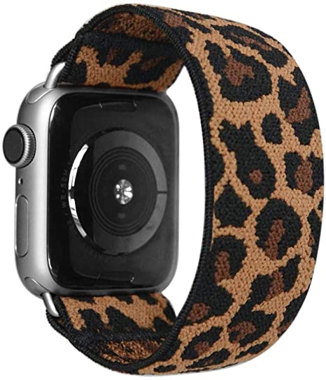 Tefeca Dark Cheetah/Leopard Pattern Elastic Compatible/Replacement Band for Apple Watch 42mm/44mm (Silver Adapter, L3 fits Wrist Size : 6.5-7.0 inch)