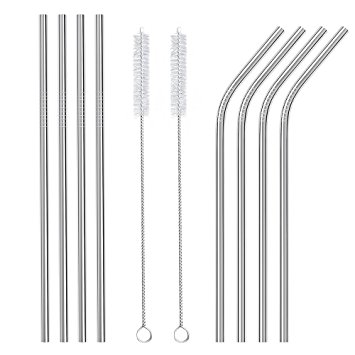 Stainless Steel Straws Reusable 8 Set, Metal Drinking Straws with 2 Cleaning Brush for Smoothie, Milkshake, Cocktail and Hot Drinks by Ouway