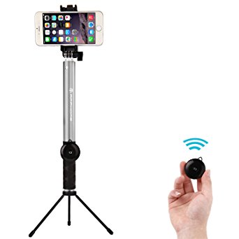 APPHOME Selfie Stick, Aluminum Extendable Monopod (10" to 45") with Bluetooth Remote Shutter and Mini Metal Tripod for Gopro, iPhone Se/6s/6/6 Plus, Samsung Galaxy S7 Edge and More - Silver(Patented)