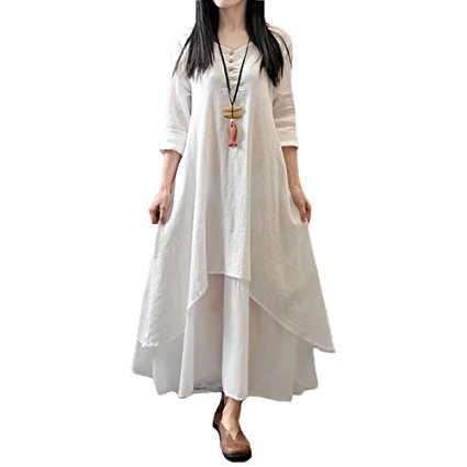 Romacci Women Boho Dress Casual Irregular Maxi Dresses Vintage Loose Long Sleeve Cotton Linen Dress,S-5XL
