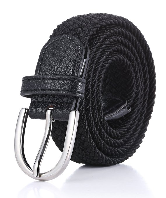 Jabeu Mens and Boys Women and Girls Elastic Braided Fashion Stretch Belt with High Gloss Solid Metal Buckle Prong and Genuine Leather Tabs