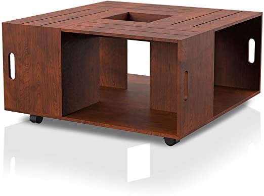 ioHOMES Trenton Contemporary Square Crate Coffee Table with 4 Open Shelves Center Tray Lays Flat and Caster Wheels for Living Room, 31", Vintage Walnut