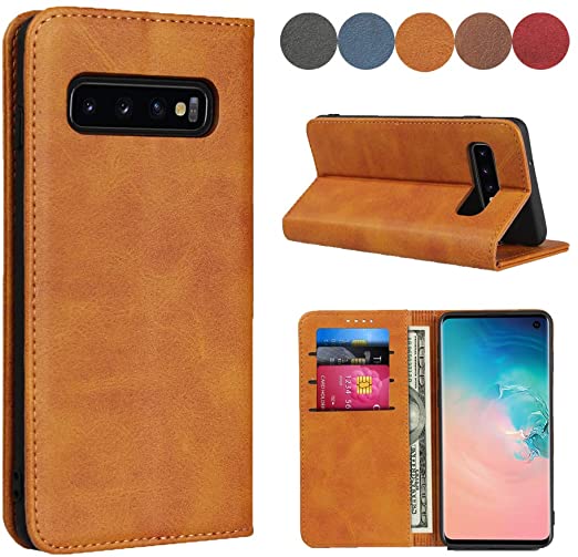 Samsung Galaxy S10 Wallet Case, SailorTech Premium PU Leather Protective Folio Flip Cover with Stand Feature and Built-in Magnet 3-Slots ID&Credit Cards Pockets for Galaxy s10 case（6.1"）-Light Brown