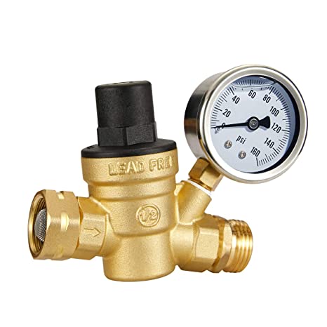Esright Brass Water Pressure Regulator 3/4 Lead-Free with Gauge for RV Camper Adjustable Water Pressure Regulator,Build-in Oil (NH Threads)