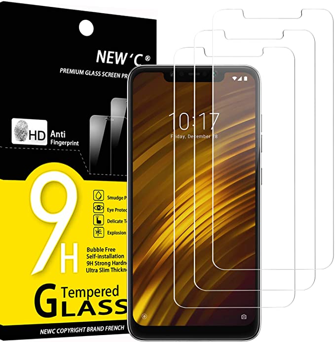 NEW'C 3 Unidades, Protector de Pantalla para Xiaomi Pocophone F1, Antiarañazos, Antihuellas, Sin Burbujas, Dureza 9H, 0.33 mm Ultra Transparente, Vidrio Templado Ultra Resistente