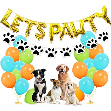 Dog Party Decorations - Lets Pawty Balloons Banner, Paw Bandana Scarf and Garland, 30pcs Light Blue Fruit Green Orange Latex Balloons for Pet Dog Puppy Birthday Supplies