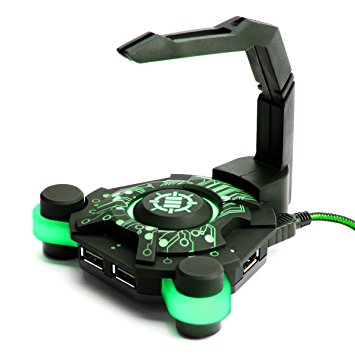 Mouse Bungee by ENHANCE - GX-B1 Mouse Cord Bungee Holder and Active 4-Port USB Hub with Green LED Lighting – Boost Gaming Accuracy By Eliminating Cable Drag – for Dota 2 , League of Legends and More