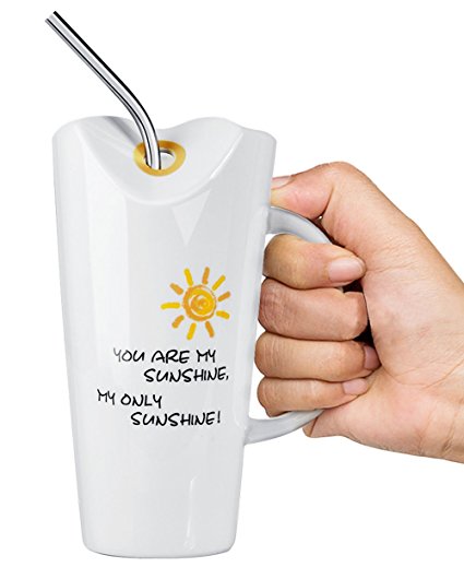 DOWAN 15oz Ceramic Mug with Stainless Steel Straws - You Are My Sunshine, My Only Sunshine, Romantic Mug, Fun Mug, Gift for Mom, Mother, Grandma