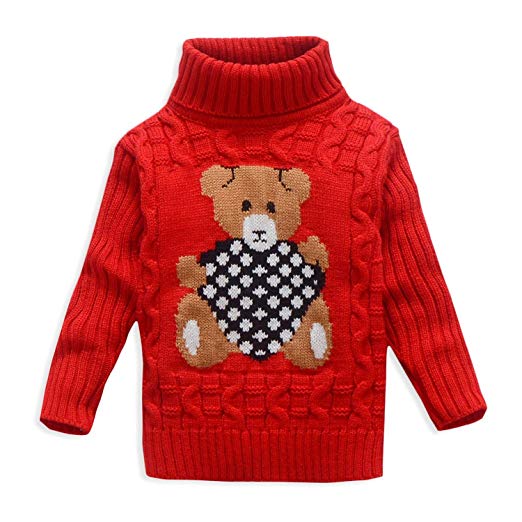 VIFUUR Kids Bear Turtleneck Sweater Boys Girls Knit Sweater Christmas