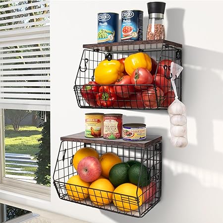 Mefirt Fruit Bowl, Stackable Wall Mounted Fruit Basket of Smooth Wood Lid with 4 Banana Hanger Hooks, Metal Kitchen Counter Organizer for Snack, Fruit and Vegetable Storage, 11.8 x 7.9 x 8.5 Inch