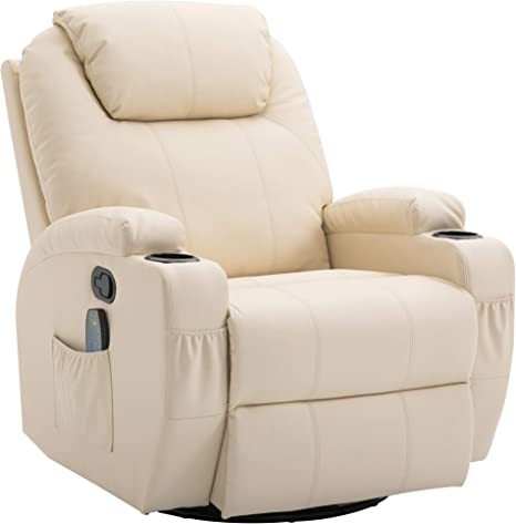 HOMCOM Fauteuil de Relaxation massant Chauffant et Vibrant inclinable pivotant à 360° revêtement synthétique 84L x 94l x 109Hcm Beige