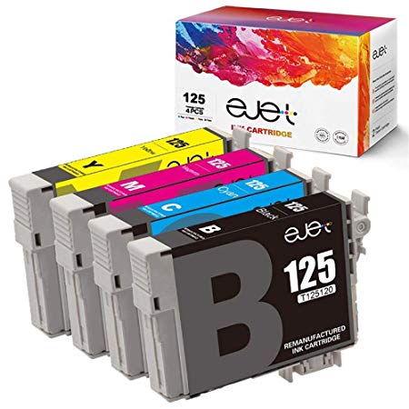 ejet Remanufactured Ink Cartridge Replacement for Epson 125 T125 to use with Stylu NX230 NX625 NX125 NX127 NX130 NX420 NX530 Workforce 520 325 320 323 (1 Black, 1 Cyan, 1 Magenta, 1 Yellow) 4 Pack