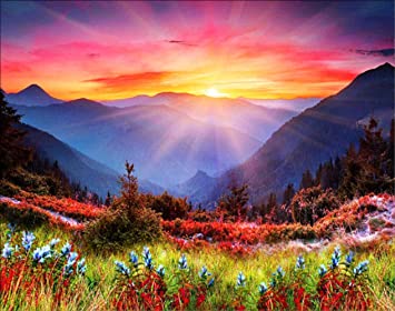 Mountain Flower Sunrise Diamond Painting - PigPigBoss 5D Full Diamond Embroidery Arts, Crafts, Sewing Cross Stitch Kits - Crystal Diamond Dots Kits for Adults (15.7 x 11.8 inches)