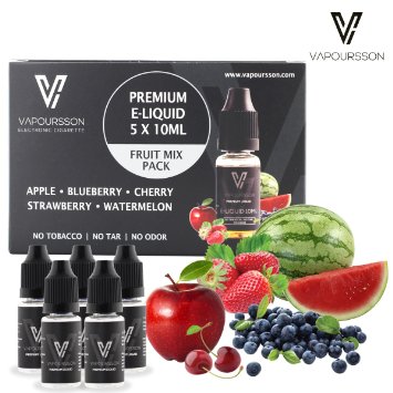 VAPOURSSON 5 X 10ml E Liquid Mixed Fruits Apple  Blueberry  Cherry  Strawberry  Watermelon  New Super Grade Formula To Create A Super Strong Flavour with Only High Grade Ingredients  Made For Electronic Cigarette and E Shisha