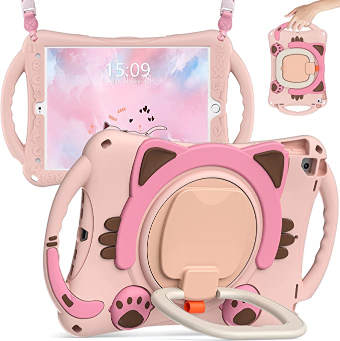 BATYUE Case for iPad 9th/8th/7th Generation 10.2 inch (2021/2020/2019), iPad Air 10.5 2019, iPad Pro 10.5 2017 with Rotating Stand/Pencil Holder/Carrying Strap, Cute Cat Case for Kids (Pink)