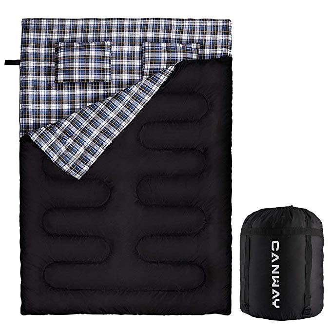 CANWAY Double Sleeping Bag, Flannel Lightweight Waterproof 2 Person Sleeping Bag with 2 Pillows for Camping, Backpacking, or Hiking Outdoor for Adults or Teens Queen Size XL (Flannel)