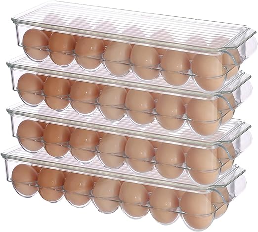 Cq acrylic 4 PACK Egg Holder for Refrigerator,Clear Plastic Egg Storage Container Organizer Bin,Large Capacity Stackable Deviled Egg Tray With LId and Handle for Fridge,Home Egg Fresh Storage Box