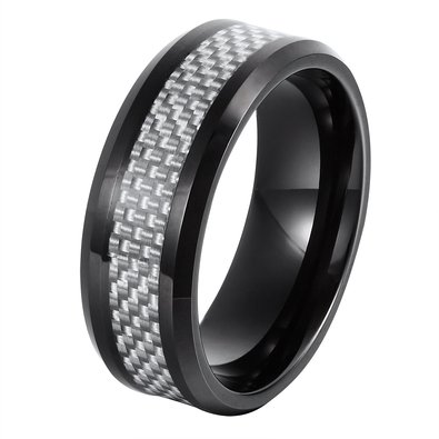 Will Queen 8mm Beveled Men's Tungsten Wedding Band Silver White Carbon Fiber Inlay Top Polished Finish