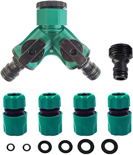 Topways 2 Way Garden Tap Connector, Garden Hose Tap Y Splitter Connector with Individual On/Off Valves & 3/4' 'Male Threaded, Quick Hose End Connector, Additional Washer